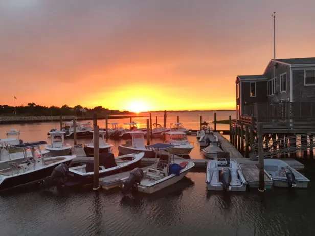Sun setting over the docks beside the restaurant