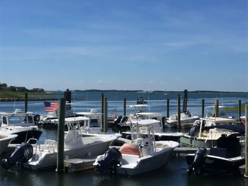 Midday view of boats tied up at the wharf